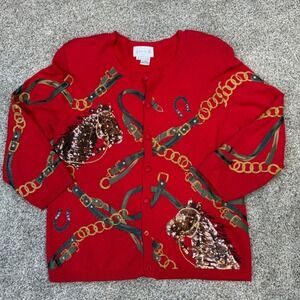 Just B Red Equestrian Horse Sequin Cardigan Sweater Womens Small Novelty Knit